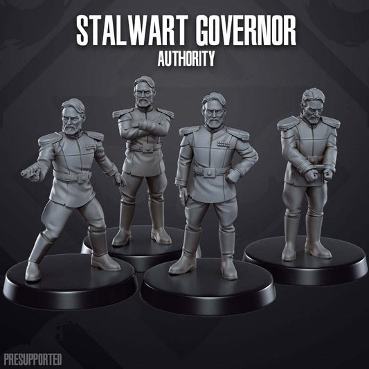 Set of four 32mm Stalwart Governor resin miniatures in authoritative poses, unpainted and pre-cleaned