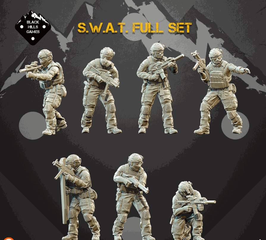 28mm Modern SWAT resin miniatures set of 7 armed operators with HK416 rifles, UMP-45 SMG, and Benelli M4 shotgun unpainted models