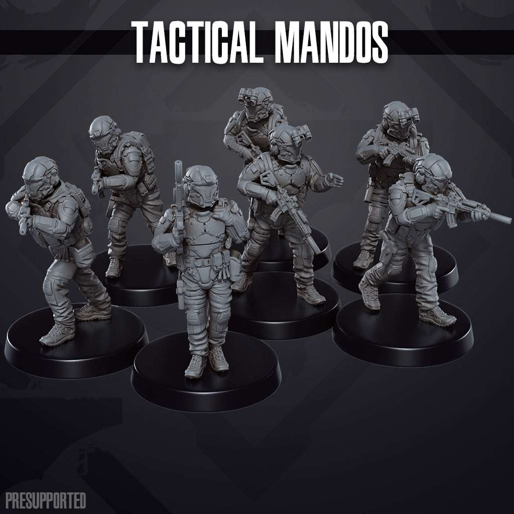 Set of seven unpainted 32mm Tactical Mandos resin miniatures in tactical poses on round bases