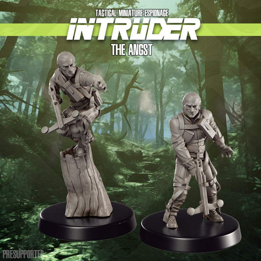 Set of two 32mm printed resin miniatures from Intruder The Angst, unpainted and unbased models for tactical miniature espionage games.
