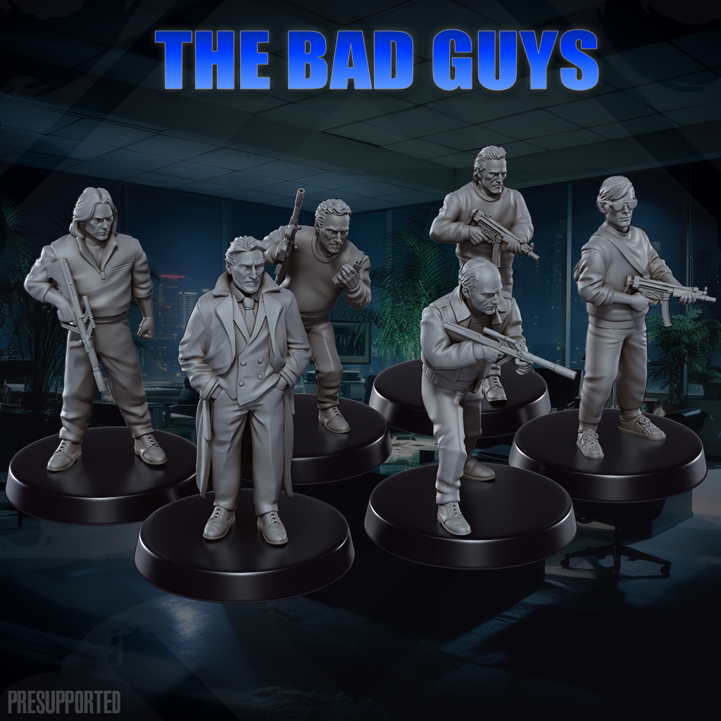 Set of six 32mm resin printed miniatures titled The Bad Guys, unpainted and detailed.
