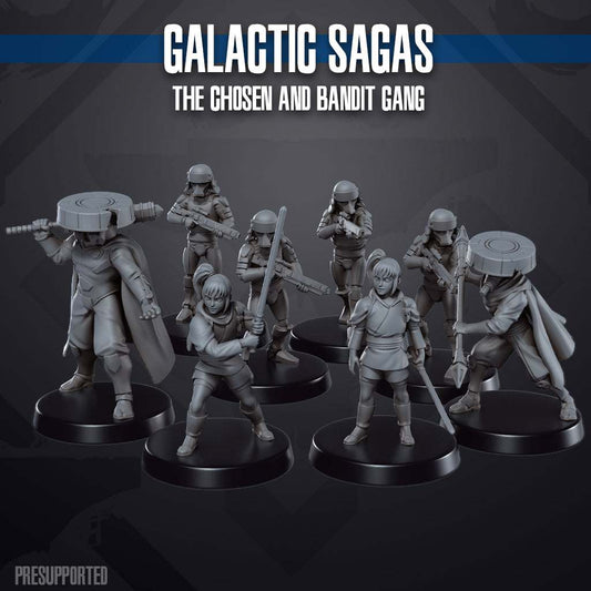 32mm The Chosen and Gang resin printed miniatures set of eight unpainted models for tabletop gaming