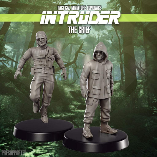 Set of two 32mm resin printed miniatures called The Grief featuring tactical espionage characters, unpainted and unbased.