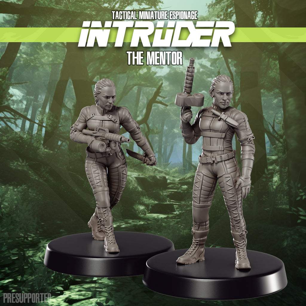 32mm The Mentor set of two unpainted resin miniatures with tactical espionage poses on round bases
