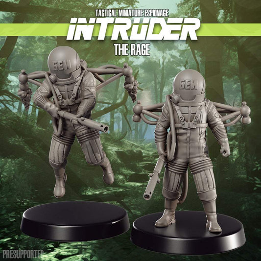 32mm The Rage resin printed tactical miniature set showing two unpainted sci-fi figures with backpacks and weapons on black bases