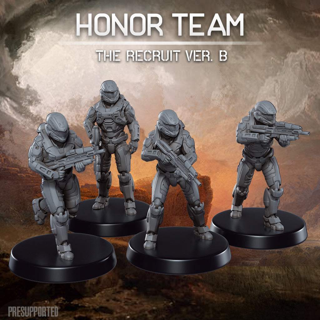 Set of four 32mm printed miniatures of Honor Team The Recruit B in futuristic armor with weapons on round bases