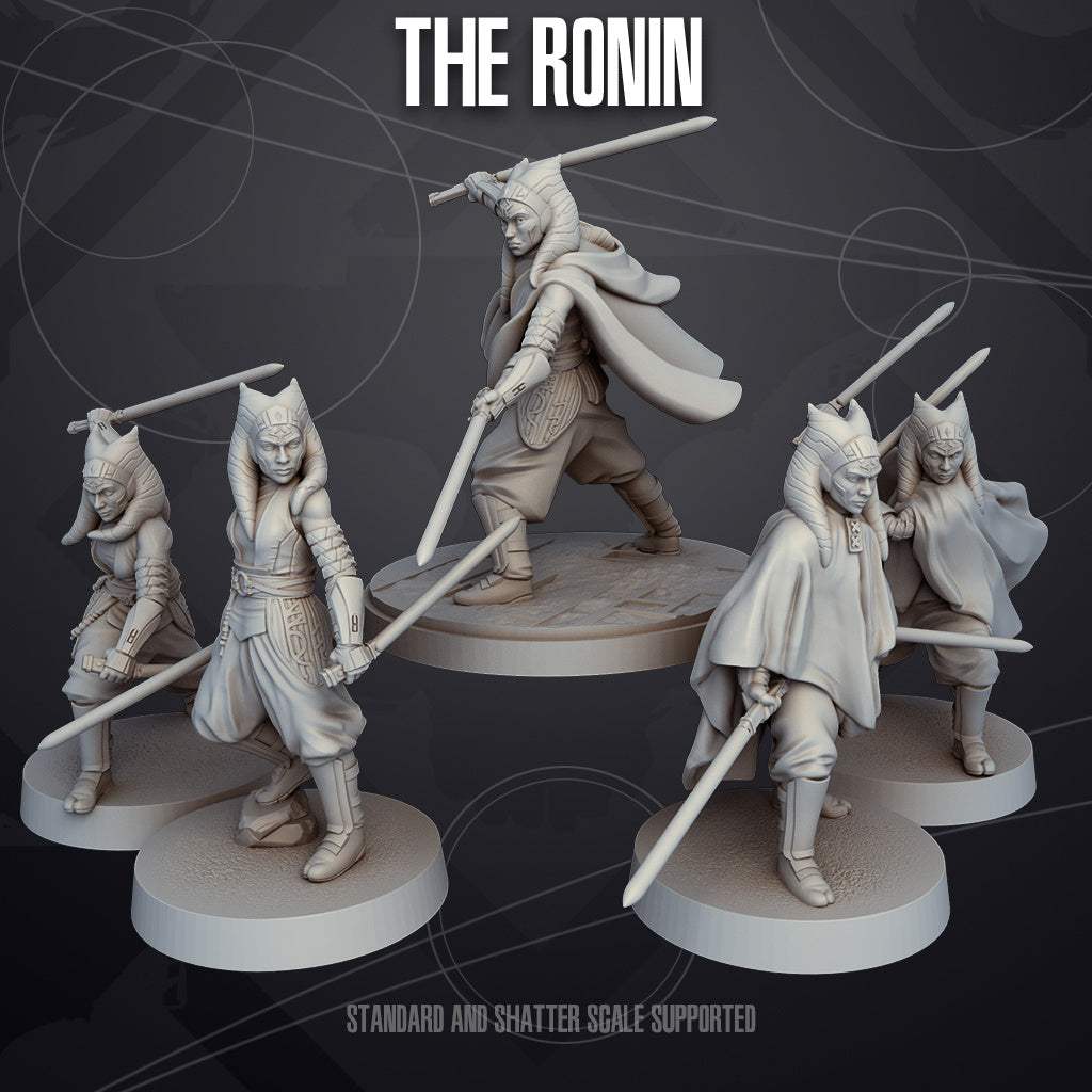 Set of five unpainted 32mm resin printed Ronin miniatures with swords and detailed armor, bases not included