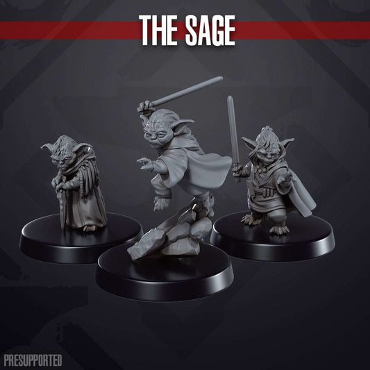 32mm The Sage set of three resin printed unpainted miniatures including a cloaked figure and two sword-wielding characters on black bases