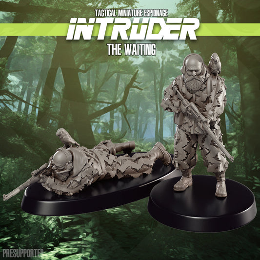 Set of two 32mm printed miniatures featuring tactical espionage figures in resin, unpainted and unbased.