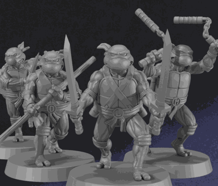 Set of four unpainted 32mm resin fighting turtle miniatures for Modern Pulp Gaming