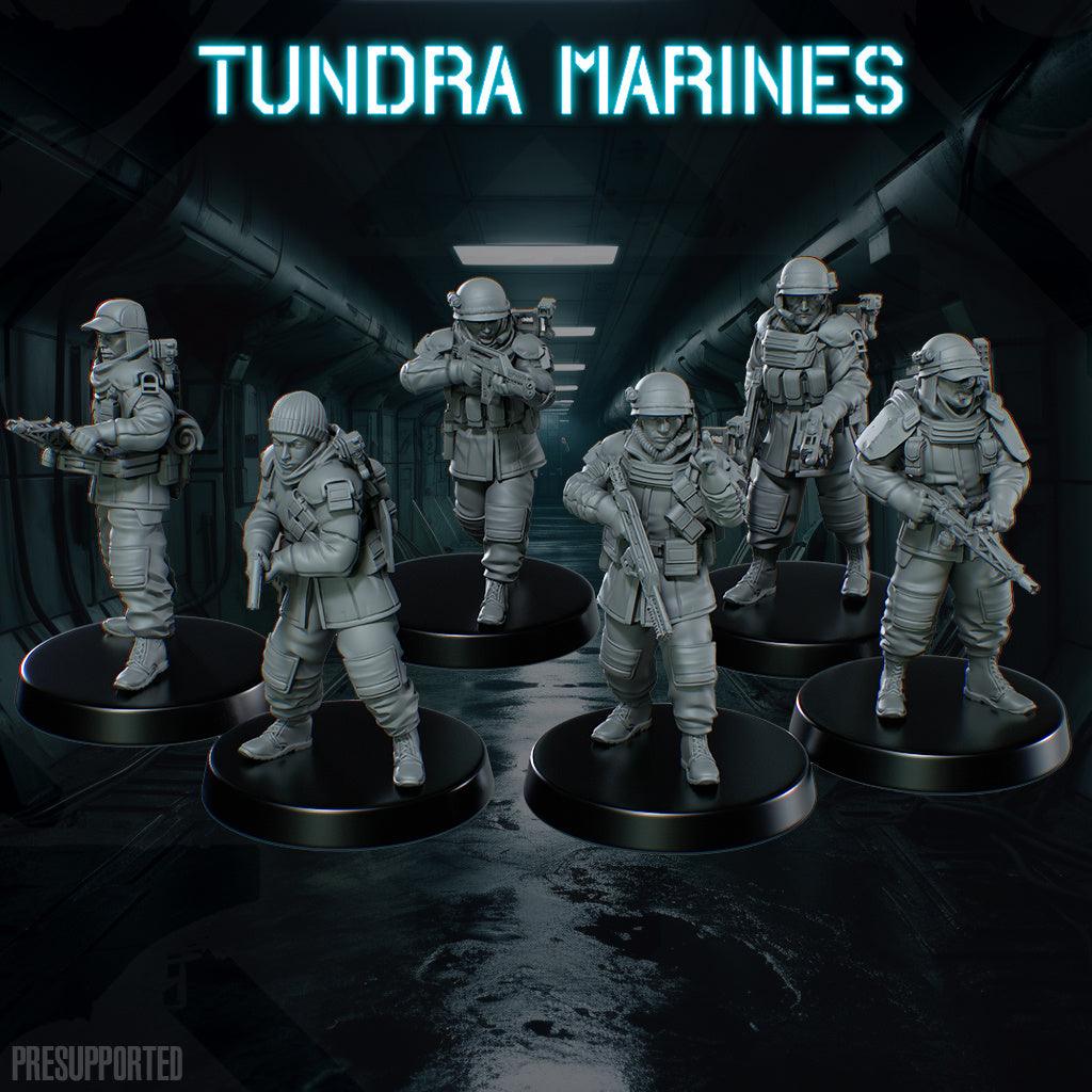 Set of six 32mm unpainted resin miniatures of futuristic fighter pilots with detailed armor and weapons on black bases