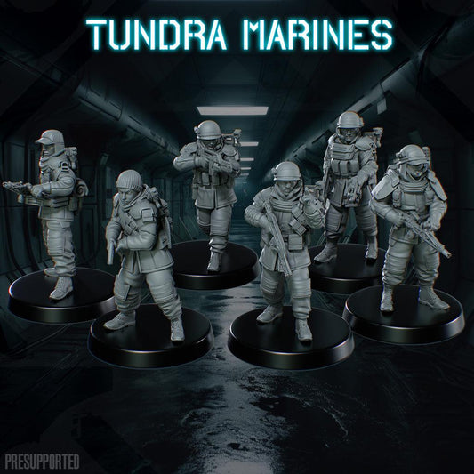 Set of six 32mm unpainted resin miniatures of futuristic fighter pilots with detailed armor and weapons on black bases