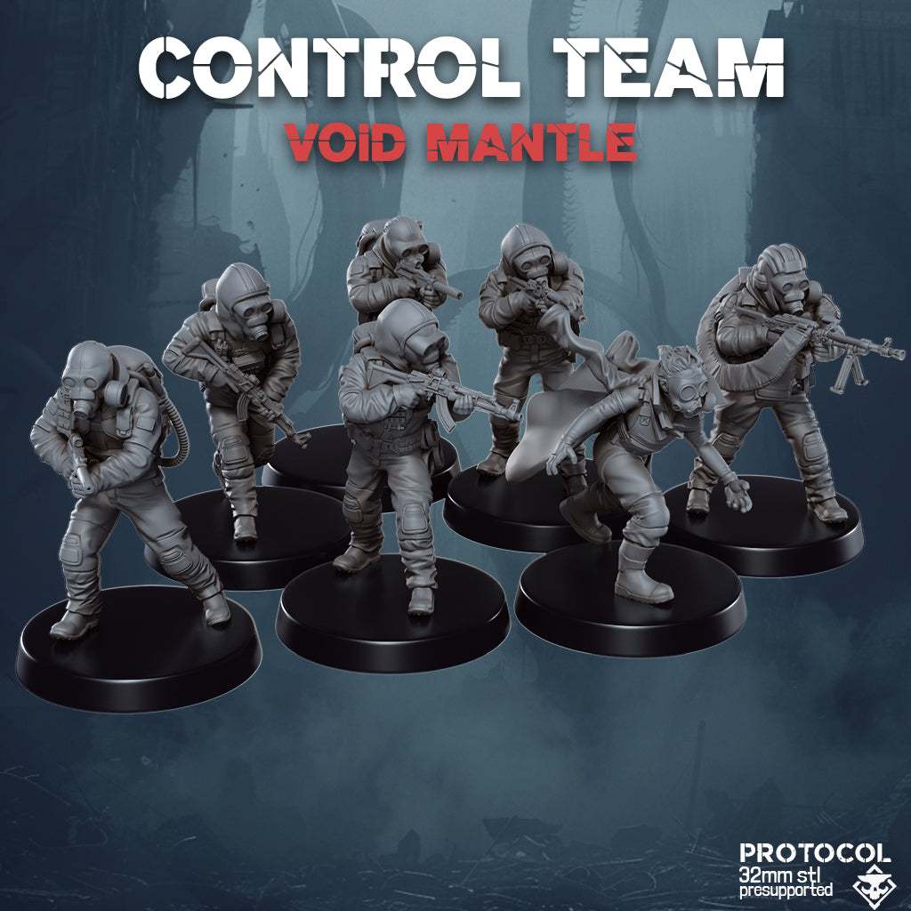 Seven 32mm resin printed Control Team VOID Mantle miniatures unpainted and assembled