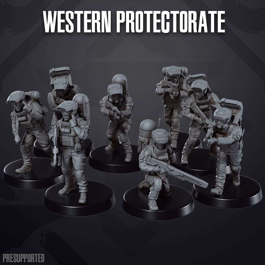Set of seven unpainted 32mm Western Protectorate resin miniatures with detailed sci-fi soldiers in various poses