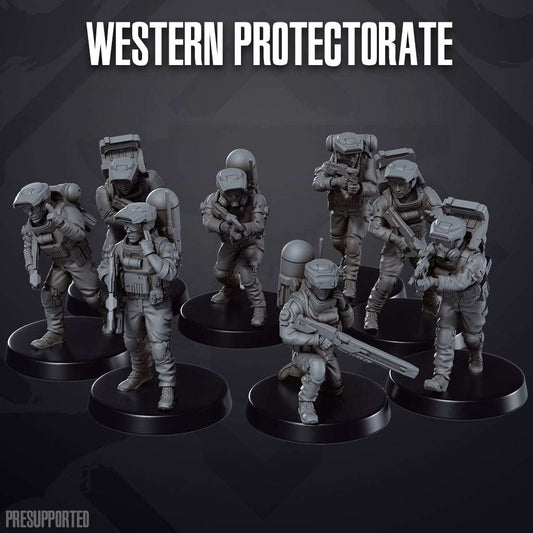 Set of seven unpainted 32mm Western Protectorate resin miniatures with detailed sci-fi soldiers in various poses