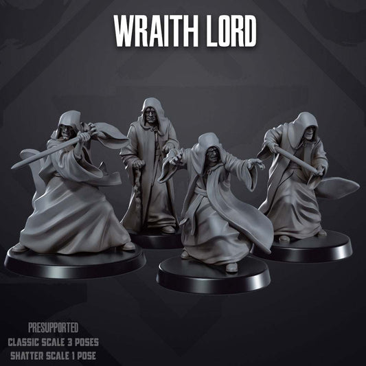 Set of four 32mm Wraith Lord resin miniatures unpainted with detailed cloaked figures in dynamic poses