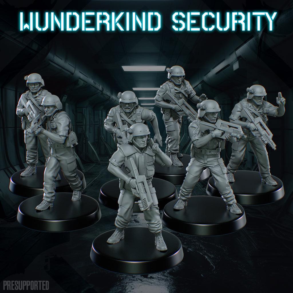 Set of seven 32mm Wunderkind Security resin miniatures unpainted and assembled on black bases
