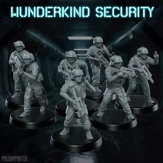Set of seven 32mm Wunderkind Security resin miniatures unpainted and assembled on black bases