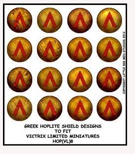Greek Hoplite shield transfers with metallic bronze appearance for Victrix miniature models