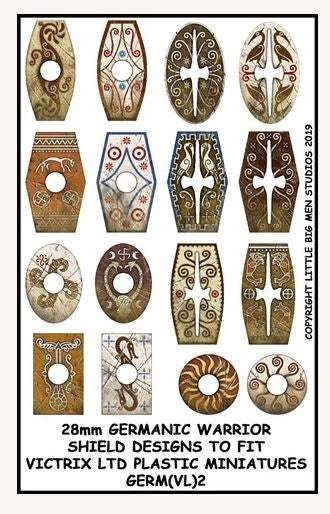 Germanic Warriors shield designs sheet with various detailed patterns for 28mm Victrix miniatures