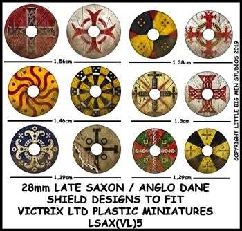 Collection of 12 Late Saxon Anglo Dane shield designs in various colors and patterns for 28mm Victrix Ltd plastic miniatures